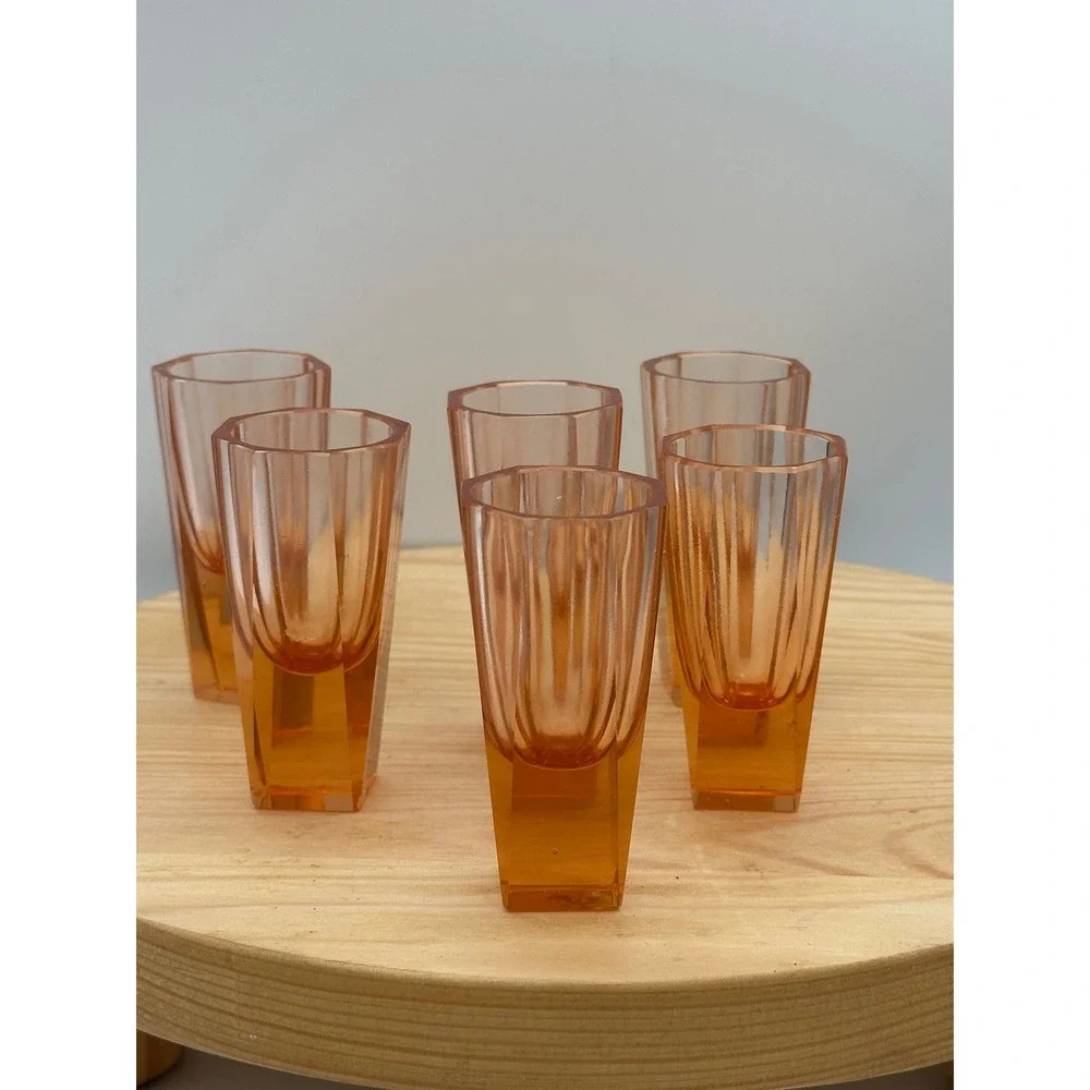 Vtg 30s Czech Bohemian Art Deco Moser Style Salmon Pink Faceted Vodka glasss 6